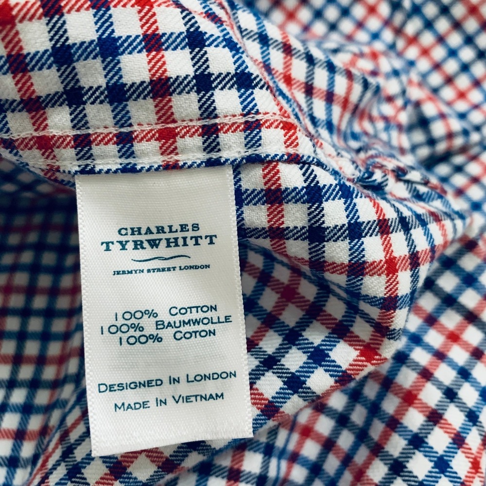 Charles Tyrwhitt Shirt Men's 18/35 Red Blue Check Long Sleeve Classic Fit Cotton - Picture 7 of 11